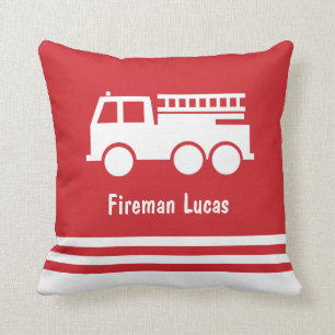 Little Boy Fire Truck With Name Red and White Throw Pillow