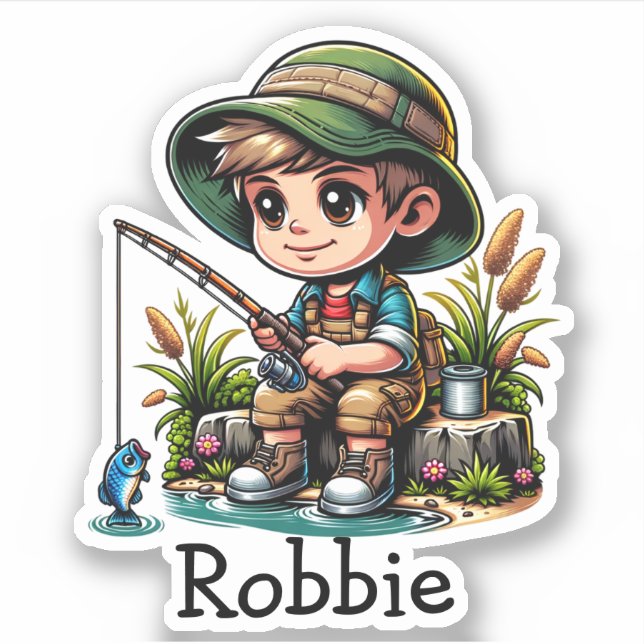Little Boy Fishing Cartoon Personalized Sticker (Front)