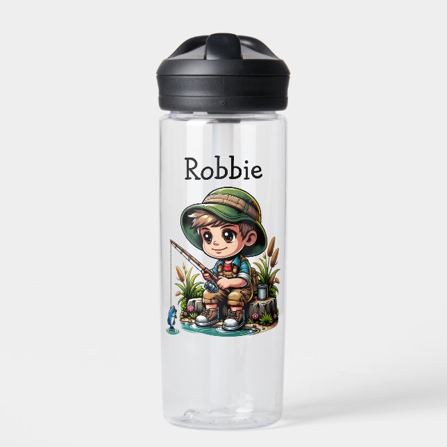 Little Boy Fishing Cartoon Personalized Water Bottle (Front)