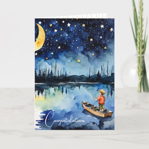 Little Boy Fishing for New Baby Congratulations Card
