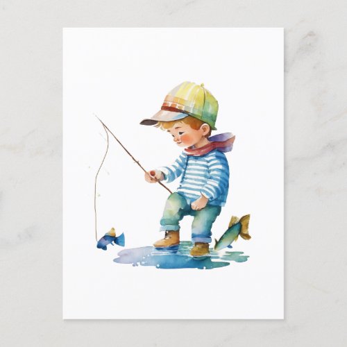 Little Boy Fishing Illustration Postcard