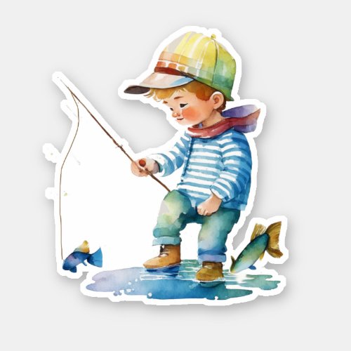 Little Boy Fishing Illustration   Sticker
