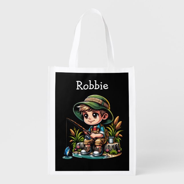 Little Boy Fishing Personalized Grocery Bag (Front)