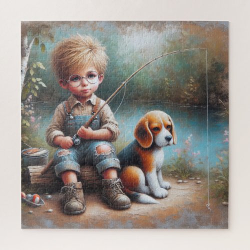 Little Boy Fishing With a Beagle Jigsaw Puzzle