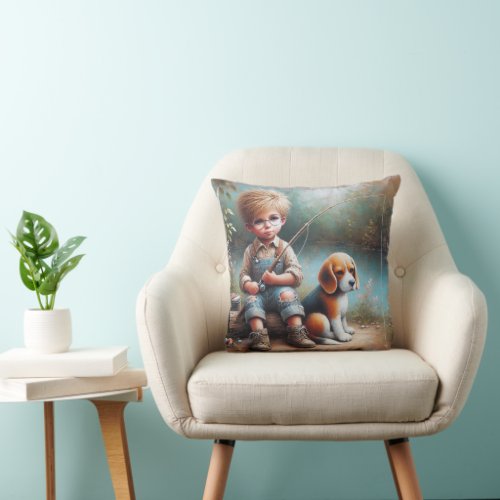 Little Boy Fishing With His Beagle Throw Pillow