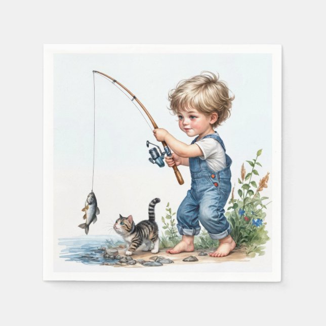 Little Boy Fishing With Kitten Napkins (Front)