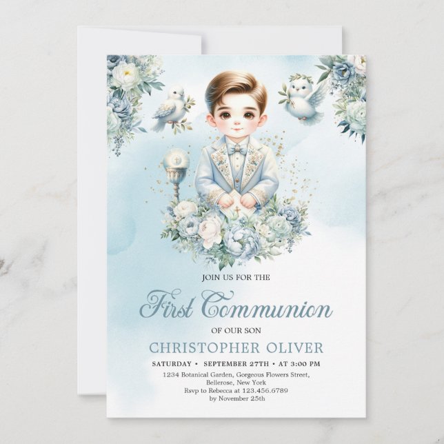Little boy Formal attire holy bible blue floral Invitation (Front)