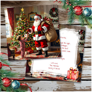 Little Boy Giving Santa a Gift Christmas Holiday Card