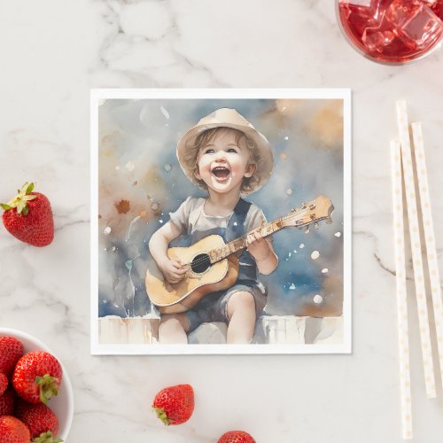 Little Boy Guitar Singing Watercolor Illustration  Napkins