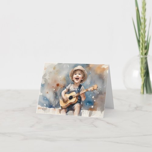 Little Boy Guitar Watercolor Illustration Blank  Card