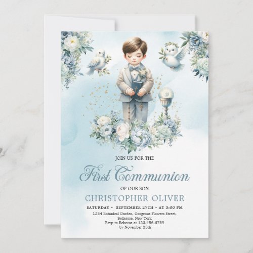 Little boy holy bible Formal attire blue floral Invitation