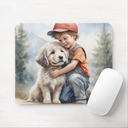 Little Boy Hugging Dog In Watercolor Mouse Pad