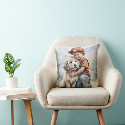 Little Boy Hugging Dog In Watercolor Throw Pillow