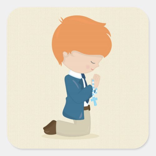 Little Boy in Suit Tan First Communion Square Sticker