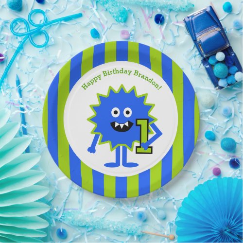 Little Boy Monster 1st Birthday Blue Green Stripes Paper Plates