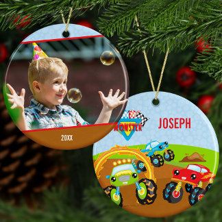 Little Boy Monster Trucks Name and Photo Christmas Ceramic Ornament