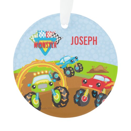 Little Boy Monster Trucks Name and Photo Christmas Ornament