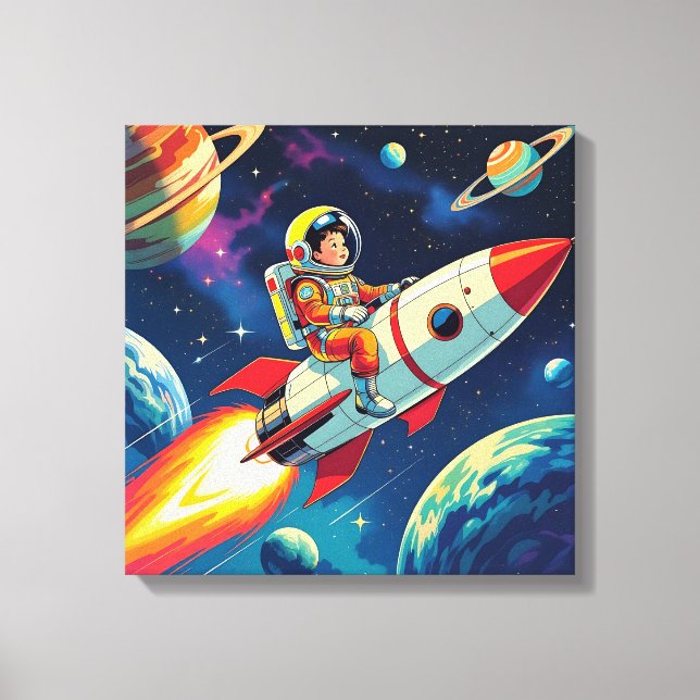 Little Boy on a Rocket Ship Flying through Space Canvas Print (Front)