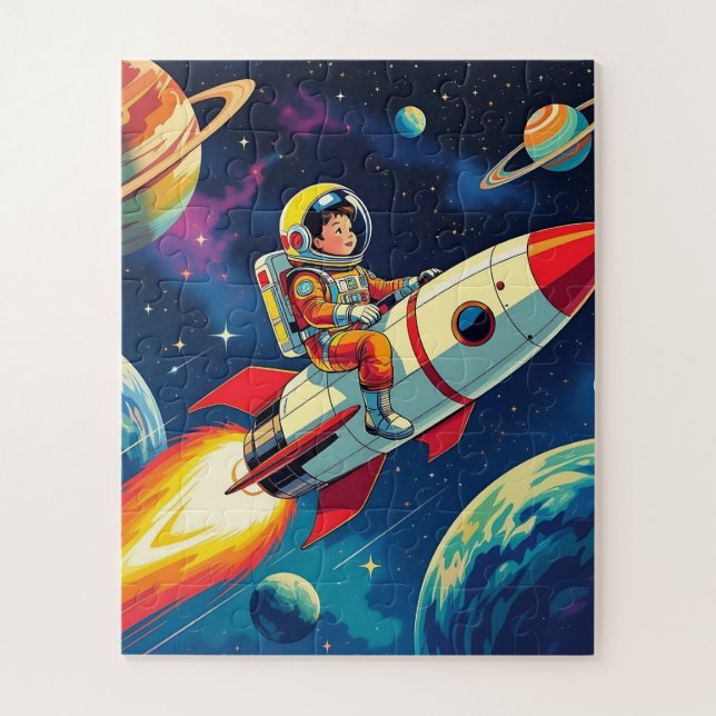 Little Boy on a Rocket Ship Flying through Space Jigsaw Puzzle (Vertical)