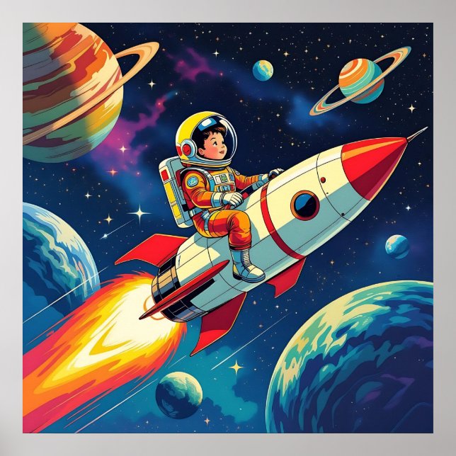 Little Boy on a Rocket Ship Flying through Space Poster (Front)