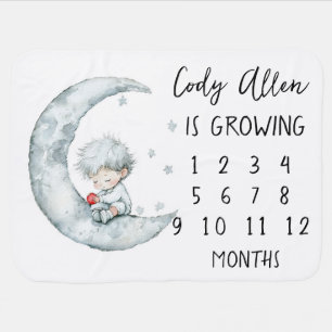 Little boy on the moon Baby Milestone Personalized Blanket