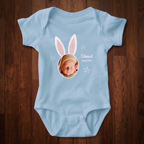 Little Boy Photo with Bunny Ears and Name Easter Baby Bodysuit