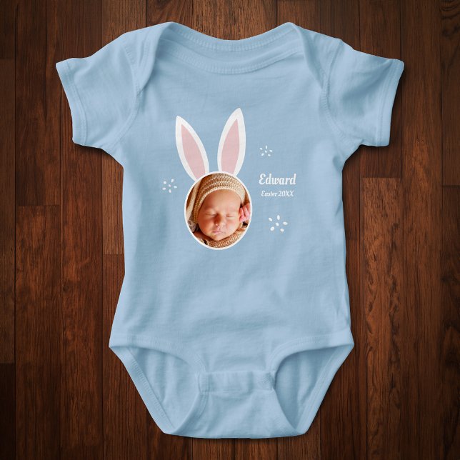 Little Boy Photo with Bunny Ears and Name Easter Baby Bodysuit (Creator Uploaded)