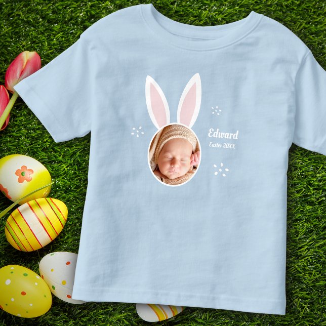 Little Boy Photo with Bunny Ears and Name Easter Toddler T-shirt (Creator Uploaded)