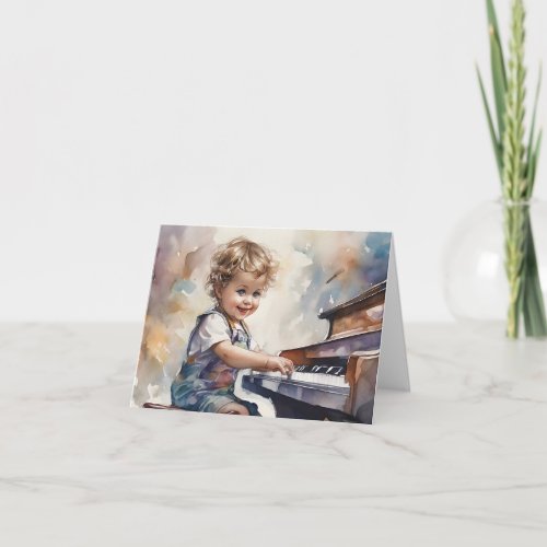 Little Boy Piano Watercolor Illustration Blank  Card