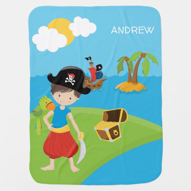 Little Boy Pirate with Treasure and Parrot Baby Blanket (Front)