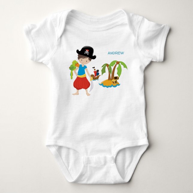 Little Boy Pirate with Treasure and Parrot Baby Bodysuit (Front)