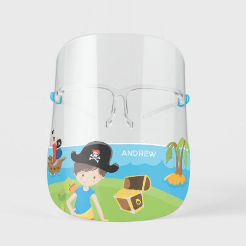 Little Boy Pirate with Treasure and Parrot Kids Face Shield