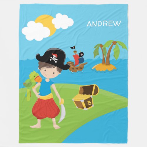 Little Boy Pirate with Treasure and Parrot Fleece Blanket
