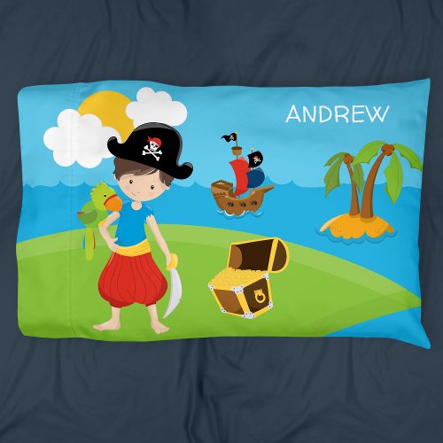 Little Boy Pirate with Treasure and Parrot Pillow Case