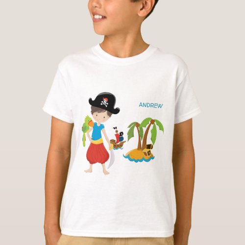 Little Boy Pirate with Treasure and Parrot T_Shirt