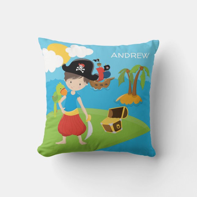 Little Boy Pirate with Treasure and Parrot Throw Pillow (Front)