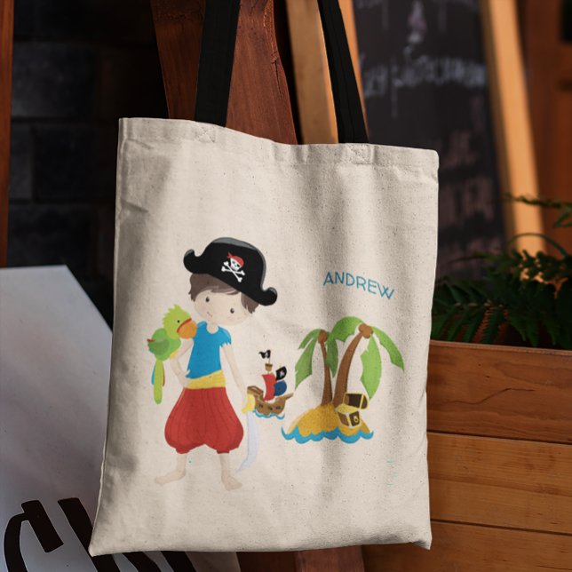 Little Boy Pirate with Treasure and Parrot Tote Bag (Creator Uploaded)
