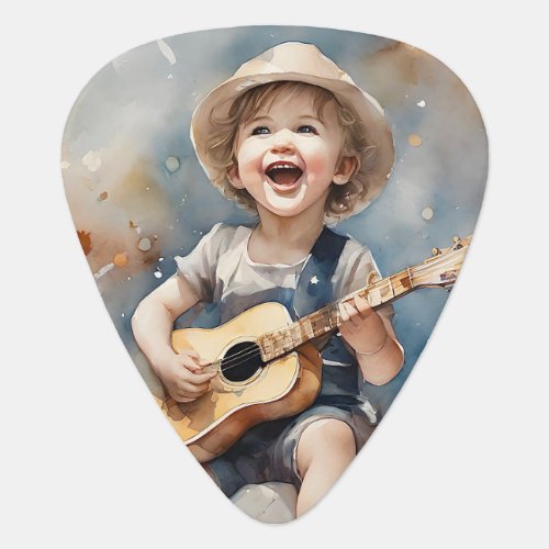 Little Boy Playing Guitar Singing Watercolor Guitar Pick