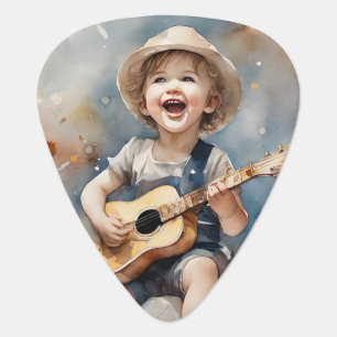 Little Boy Playing Guitar Singing Watercolor Pick