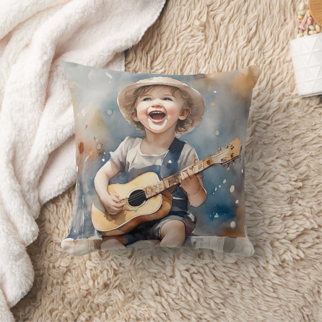 Little Boy Playing Guitar Singing Watercolor Throw Pillow (Blanket)