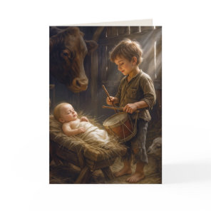 Little Boy Playing His Drum for Baby in Manger Card