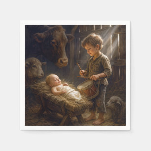 Little Boy Playing His Drum for Baby in Manger Napkins