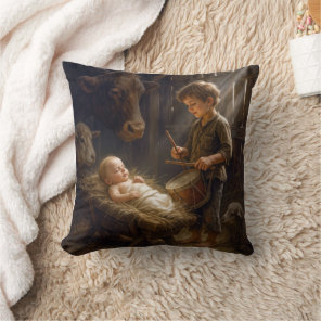 Little Boy Playing His Drum for Baby in Manger Throw Pillow