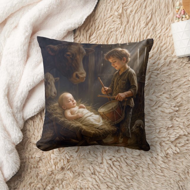 Little Boy Playing His Drum for Baby in Manger Throw Pillow (Blanket)