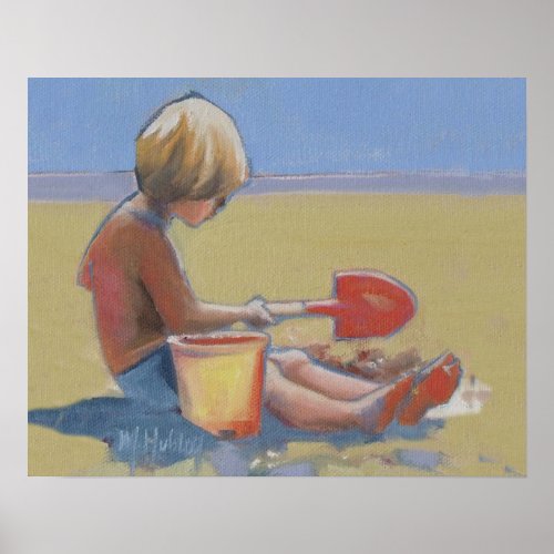 Little boy playing in the sand with a shovel poster