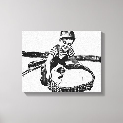 Little Boy Playing With Train and cat Vintage Art  Canvas Print