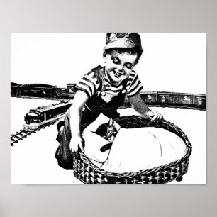Little Boy Playing With Train and cat Vintage Art Poster