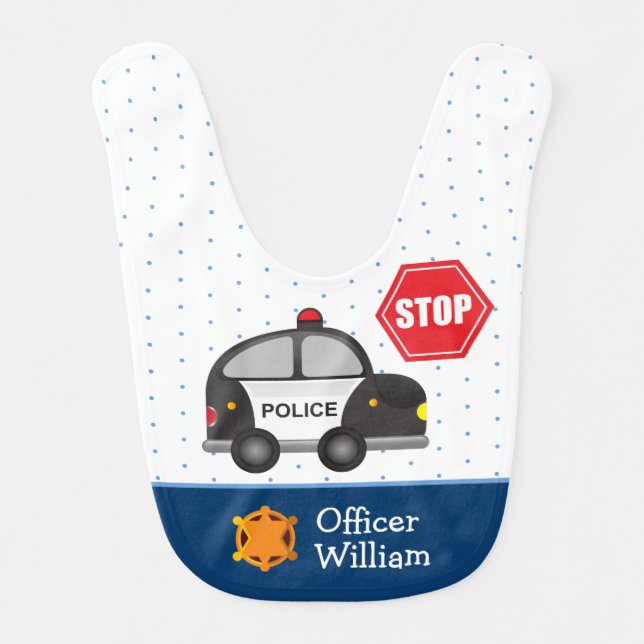 Little Boy Police Officer and Car Baby Bib (Front)