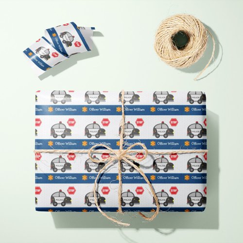 Little Boy Police Officer and Car Birthday Party Wrapping Paper