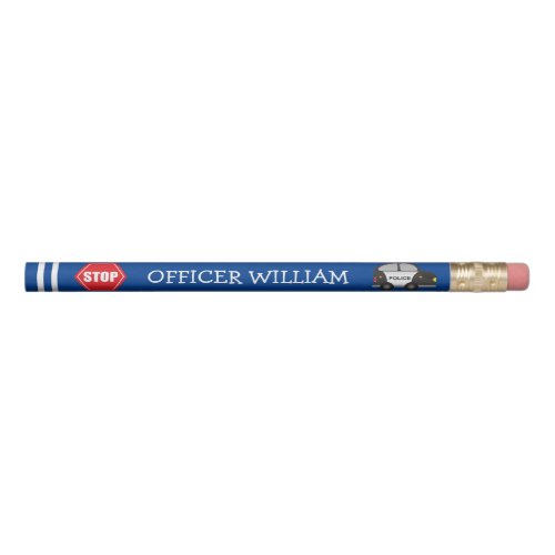 Little Boy Police Officer and Car Kid Blue Pencil